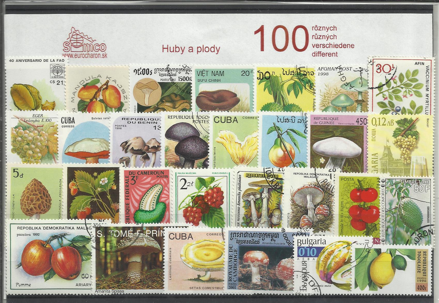 100 rôznych poštových známok huby a plody