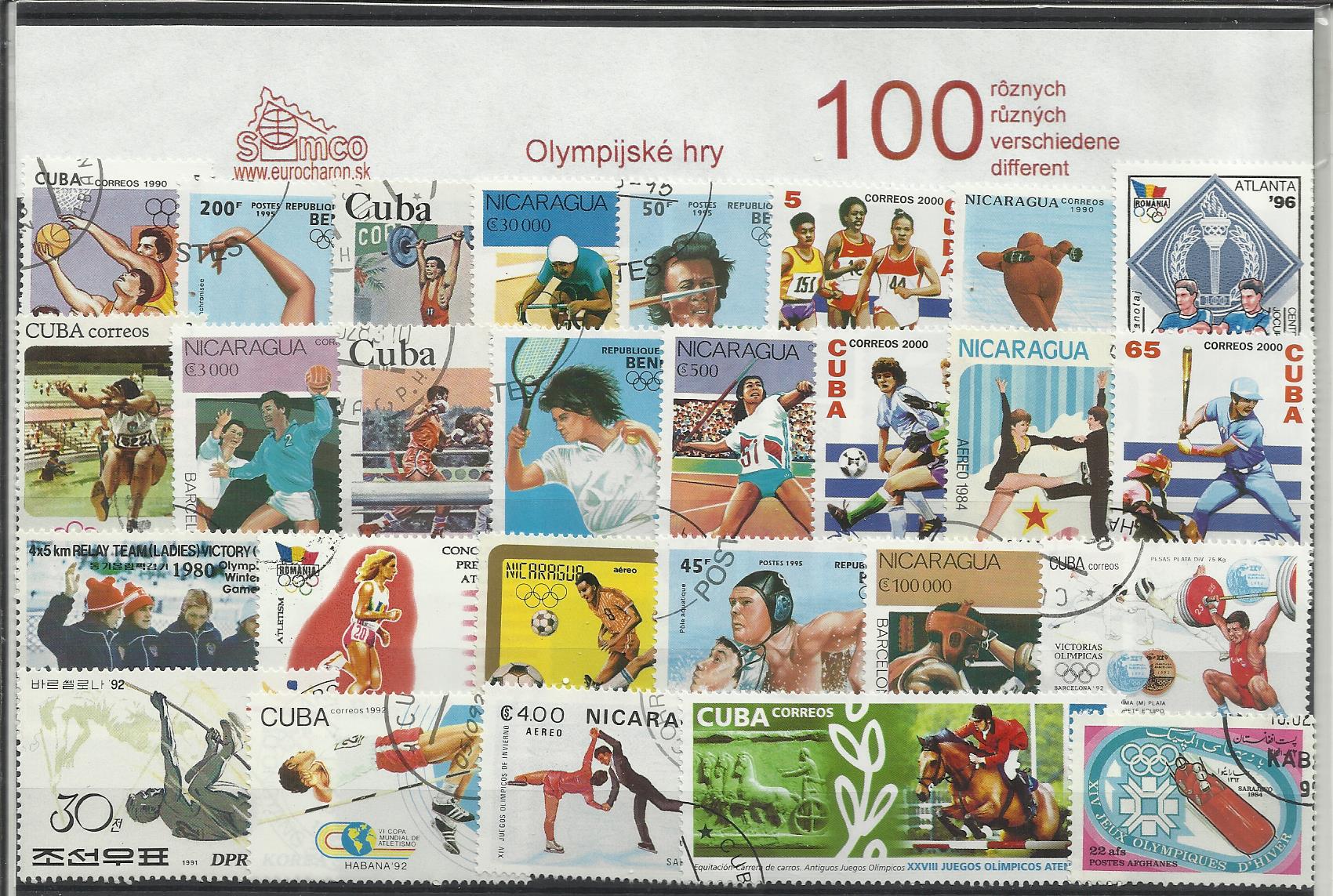 100 rôznych poštových známok Olympijské hry