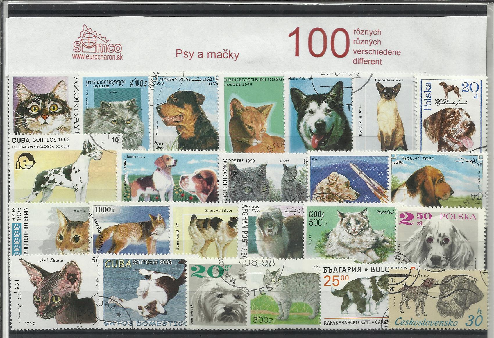 100 rôznych poštových známok psy a mačky