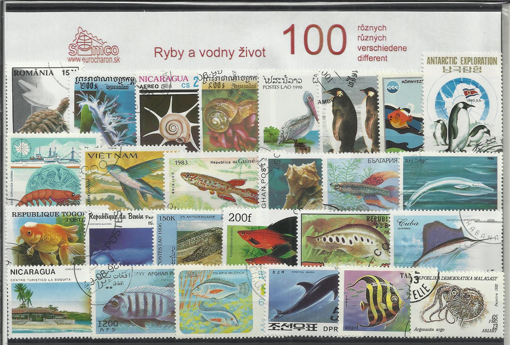 100 rôznych poštových známok ryby a vodný život