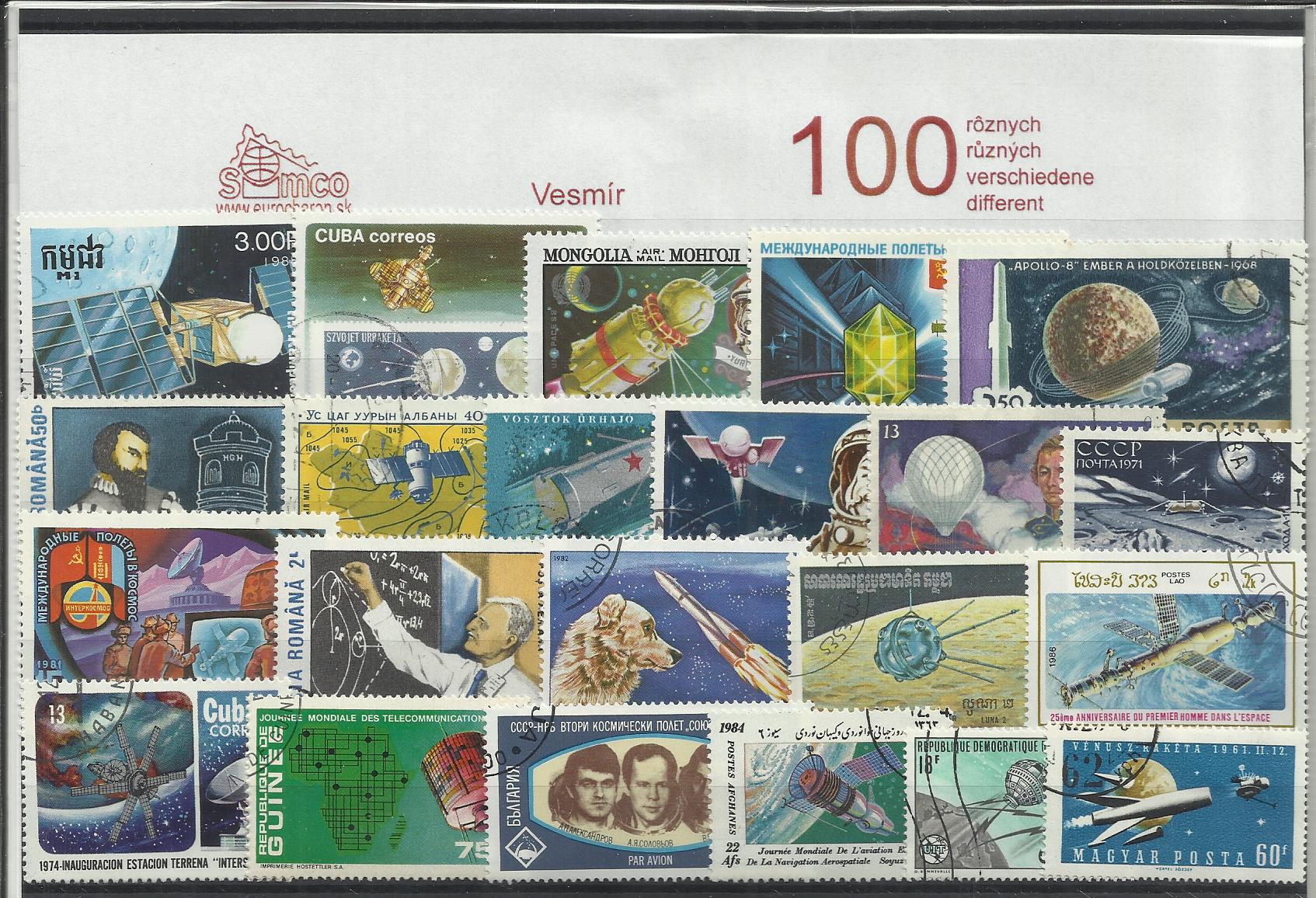 100 rôznych poštových známok Vesmír
